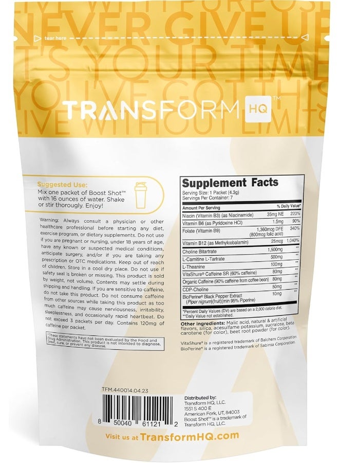 TransformHQ Boost Shot Powder Drink Stick Packets, Peach Mango, 7 Pack, Energy Supplements - Image 2